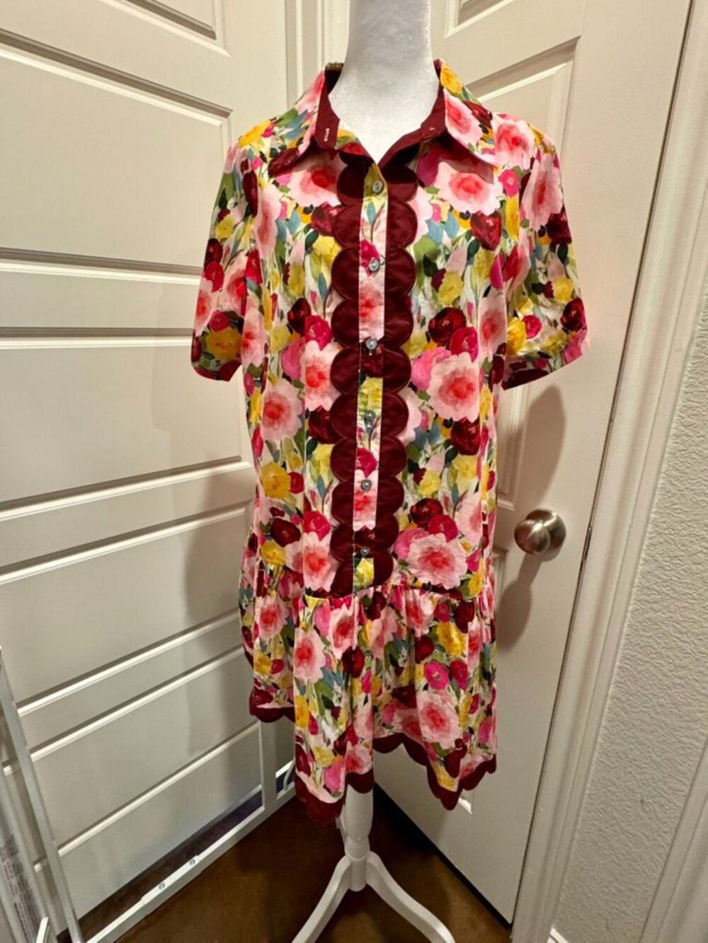 Entro Pink Floral Print Contrast Scalloped Stripe Collar Sleeve Dress Sz Large
